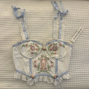 For Love and Lemons Floral Embroidered Corset Top - White and Blue